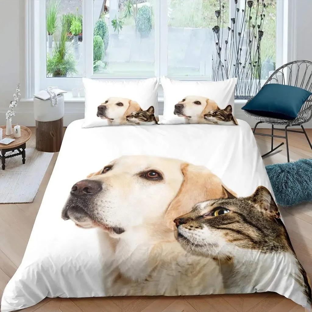 Cat and Dog Duvet Cover Set Pug Bedding Set Kawaii Puppy Animal Comforter Cover Valentine's Day Love Heart Wedding Quilt Cover