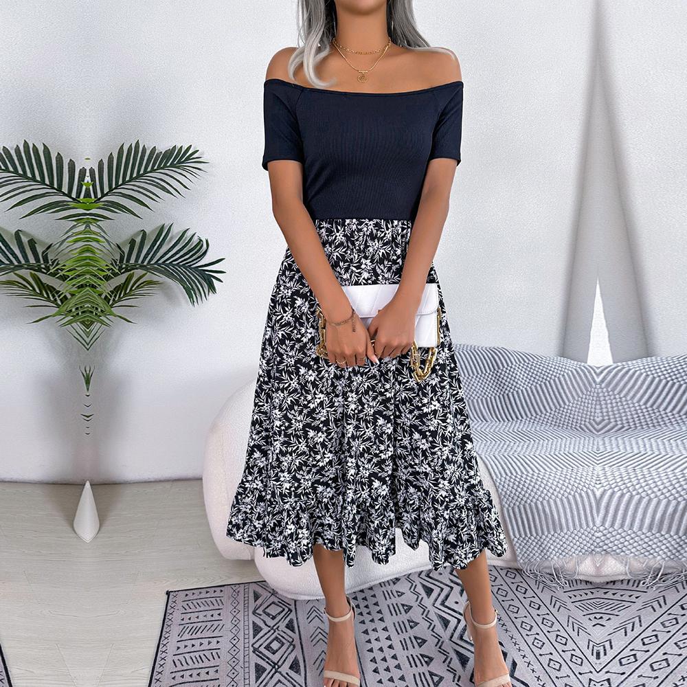 Kadın İlkbahar Yaz Omuz Açık Çiçek Fırfırlı Orta Uzun Elbise