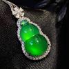 Imperial Green Myanmar Jade Gourd Pendant with Diamonds, Silver Setting