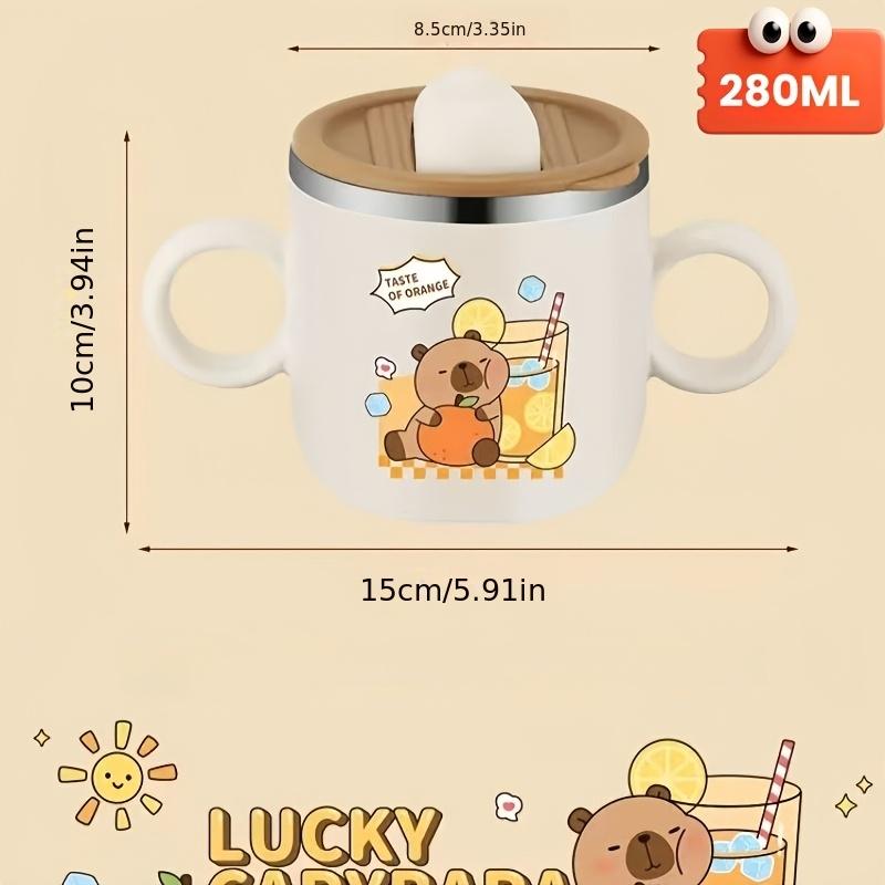 304 Stainless Steel Double-Handle Lidded Creative Cartoon Pattern Tumbler with Straw, Household Outdoor Drop-Proof Measuring Water Cup, Straw Cup Sippy Cup