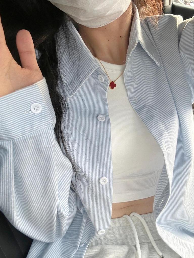 Women's Blue Striped Long Sleeve Loose Shirt Jacket - Versatile Korean Style for Spring and Autumn