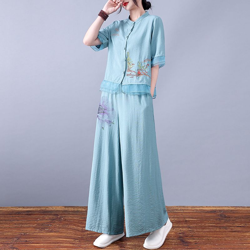 Completo Stile Etnico da Donna Top in Ramiè Pantaloni Estate Cotone e Lino Cardigan Lino Cinese Ricamo Largo Due Pezzi