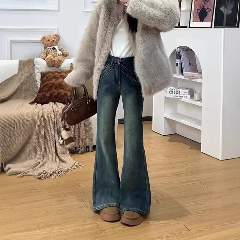 American high street micro-pull jeans women's spring Korean version ins high waist thin student loose straight micro-pull trousers
