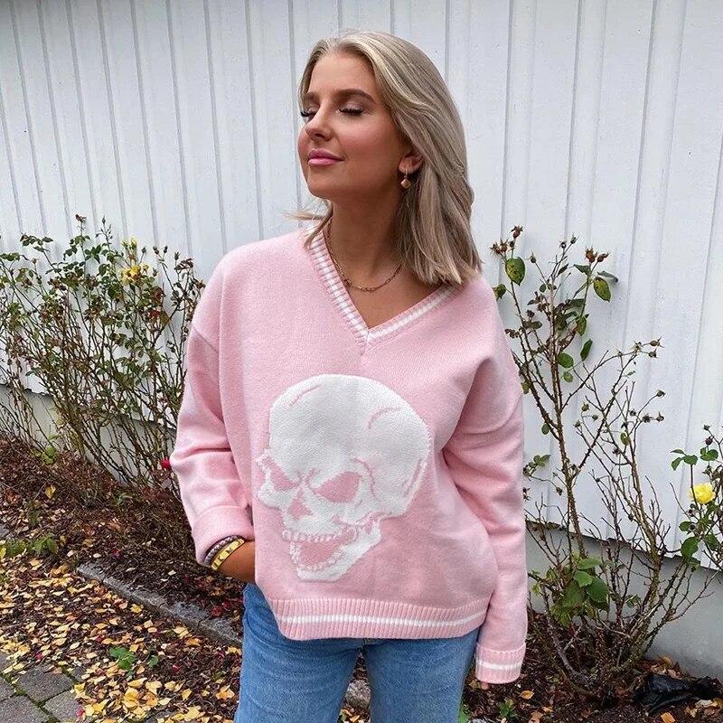 Damen Pullover mit Langarm-Print, Weich, V-Ausschnitt, Locker, Koreanischer Preppy-Stil