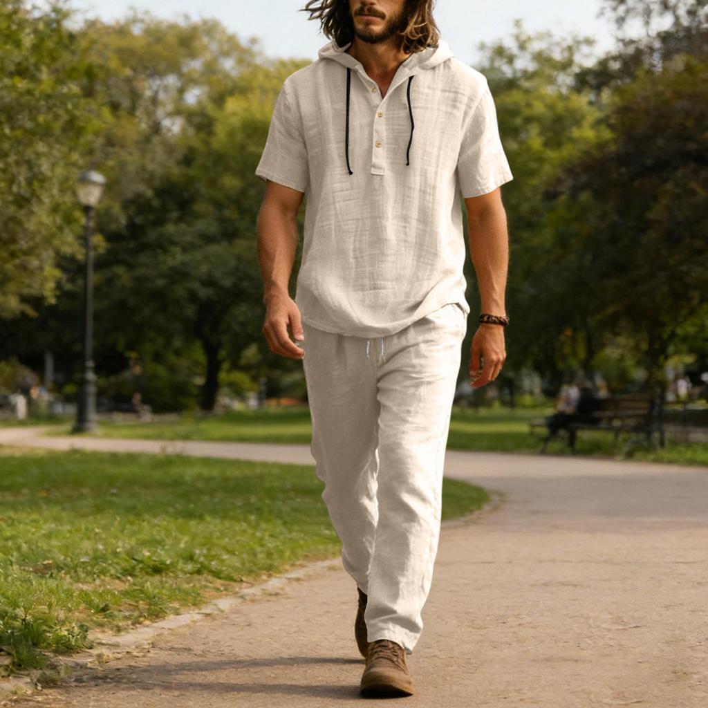 Men's Linen Casual Set - Button  Shirt Elastic Waist Drawstring Loose-Fit Pants Comfortable Two-Piece Set
