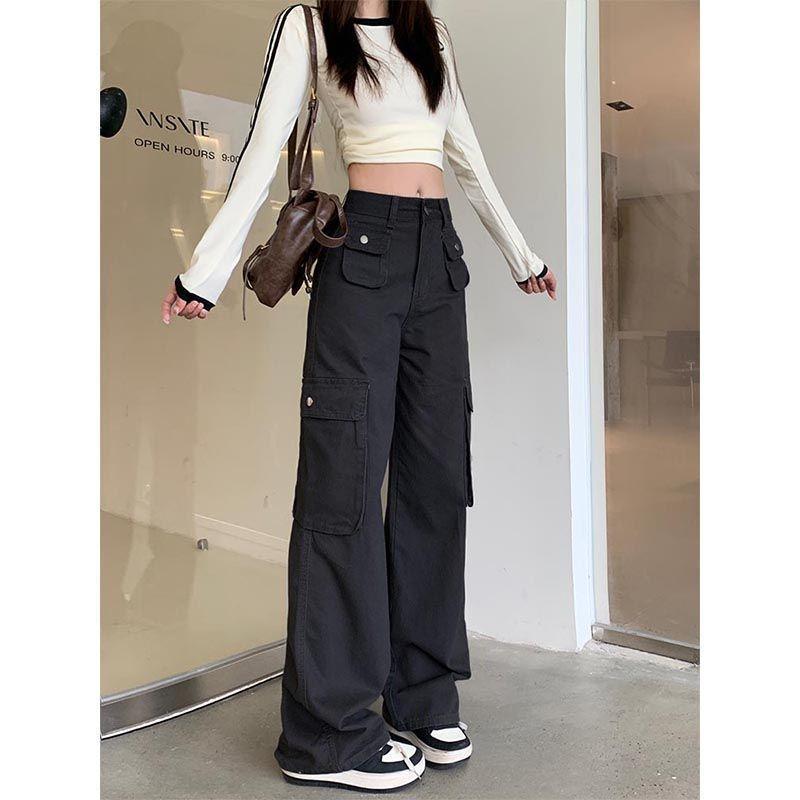 Autumn Women Loose Wide-Leg Pants Jeans Cargo Pocket Design Versatile High Waist Slimming Drape Mopping Pants
