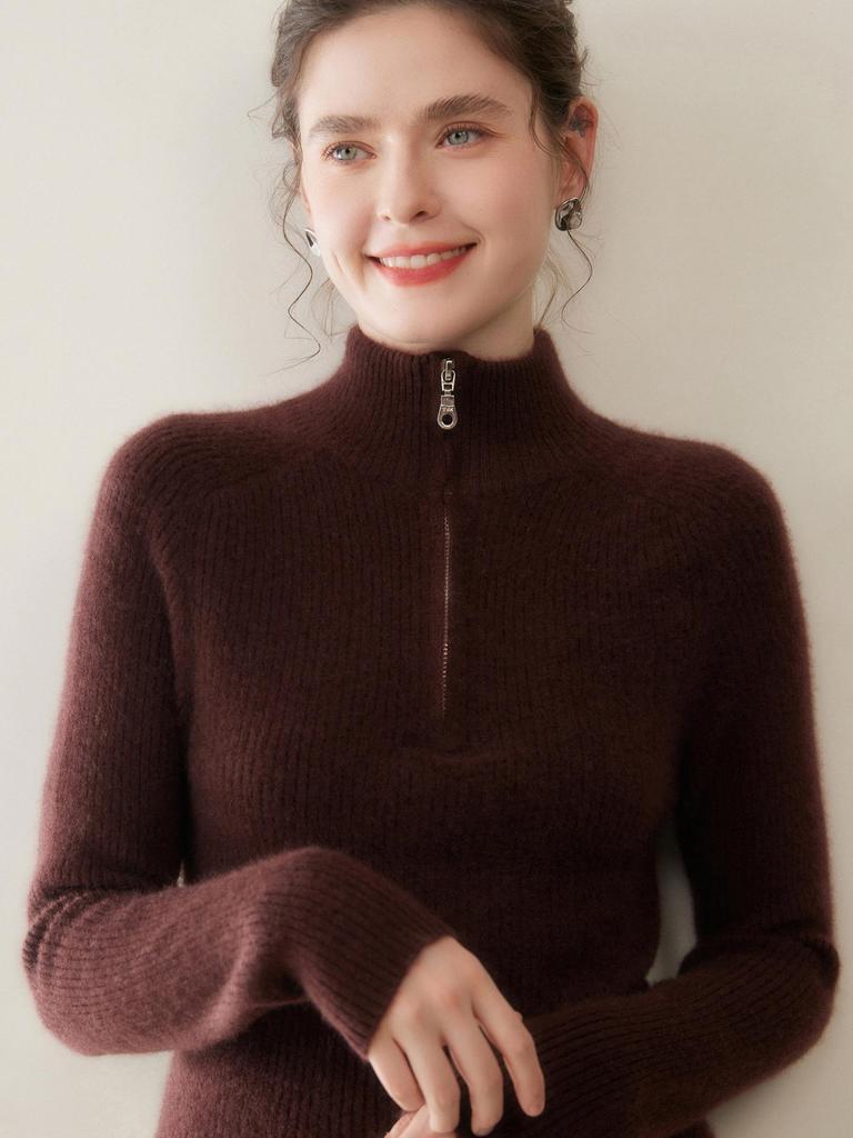 Zipper Lapel Cashmere Knit Loose Long Sleeve Pullover Sweater for Autumn/Winter