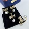 S925 Pearl & Diamond Color Block Bow Jewelry Set - Ring, Pendant, Ear Pins for Women