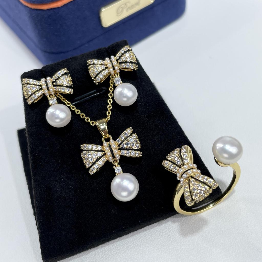 S925 Pearl & Diamond Color Block Bow Jewelry Set - Ring, Pendant, Ear Pins for Women