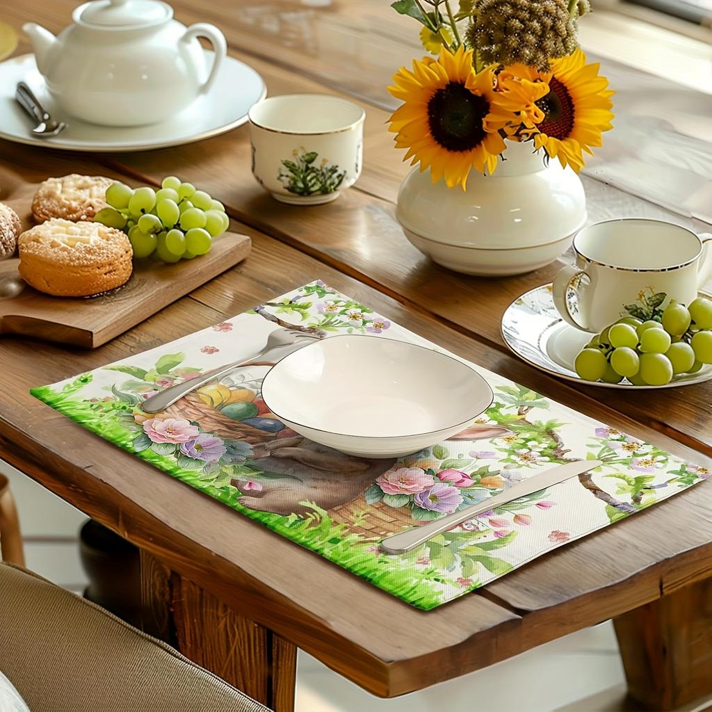 4pcs Easter Rabbit Placemats Set of 4 Spring Easter Egg Bunny Flowers Floral Place Mat 12x18 Inch Seasonal Farmhouse Fabric Tabl