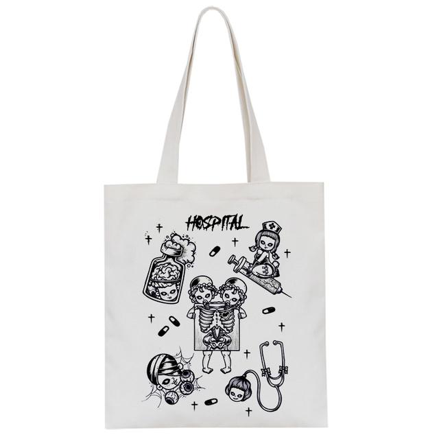 Gothic Harajuku White Vintage Canvas Bag Horror Fuunny Cartoon Print Large-capacity Shopper Handbag Fashion Casual Shoulder Bag