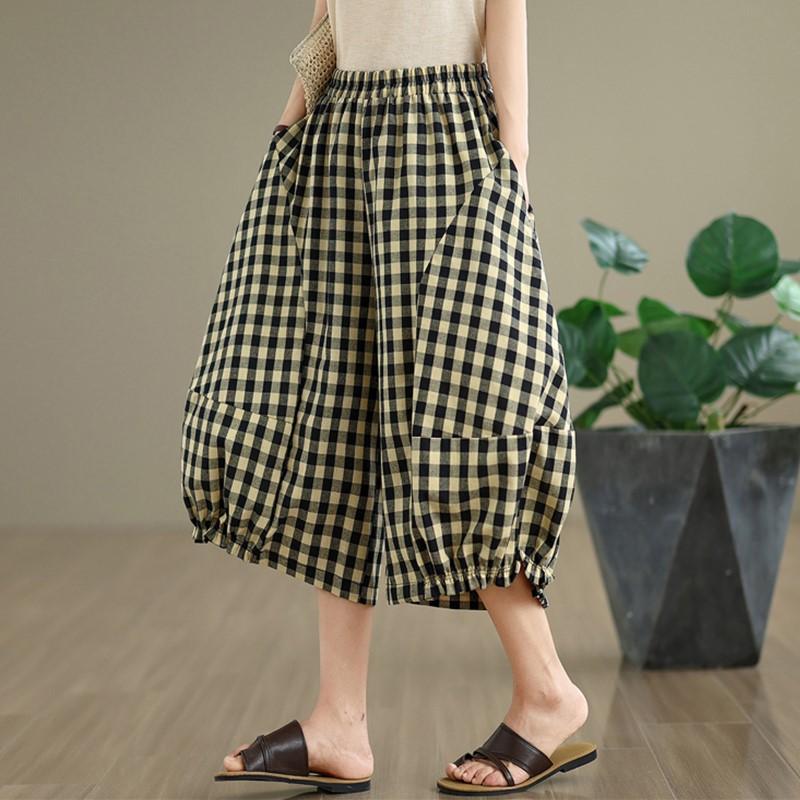 Rozmiar plus Vintage krata wysoki stan Casual luźne Lato szerokie nogawki Spodnie krzyżowe Kobiety Spodnie