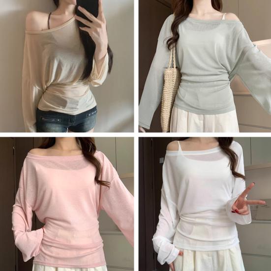 Summer Blouse Slope Collar Long Sleeve Lace-up Waist Sun Protection Cover-Up Soft Stretchy Outdoor