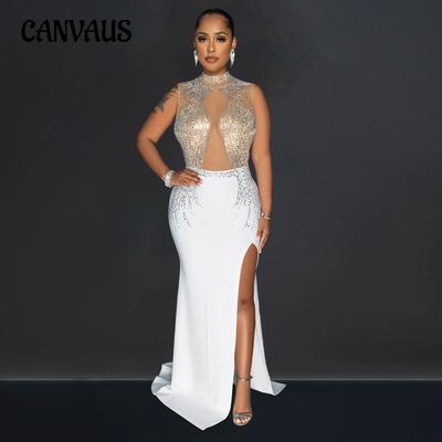 Vestido de mujer de moda Vestidos largos divididos con taladro de malla de color sólido
