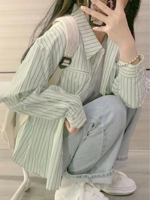 Casual Commuting Long Sleeves Striped Shirt for Women Spring Autumn Loose Japanese Style Retro Small Shirt Chic Top for Women