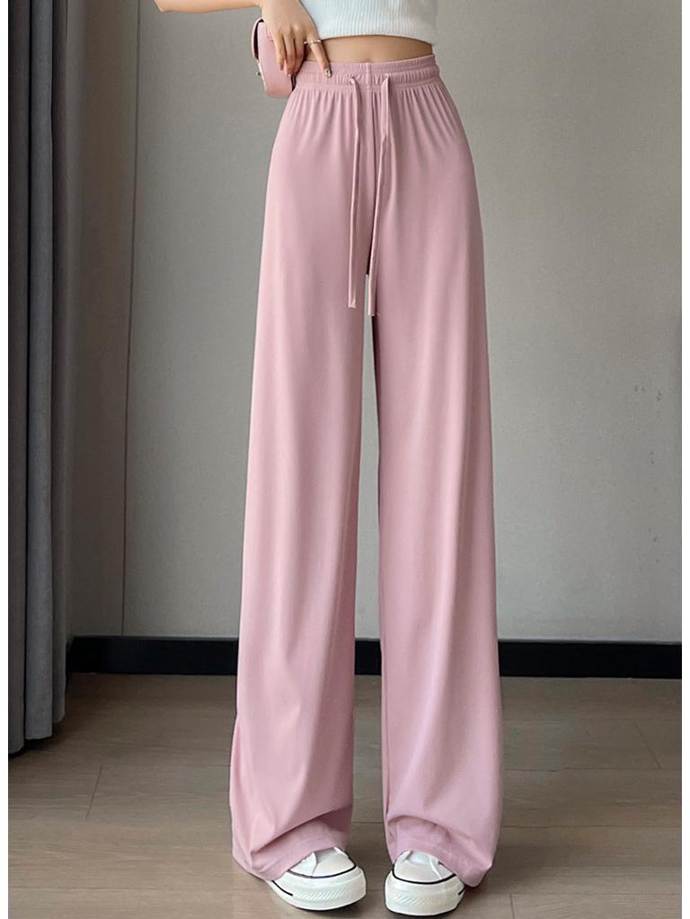 2025 Women's Summer Ice Silk Wide-Leg Floor-Length Pants - Thin, Loose, Slimming, Casual Straight Leg Fit