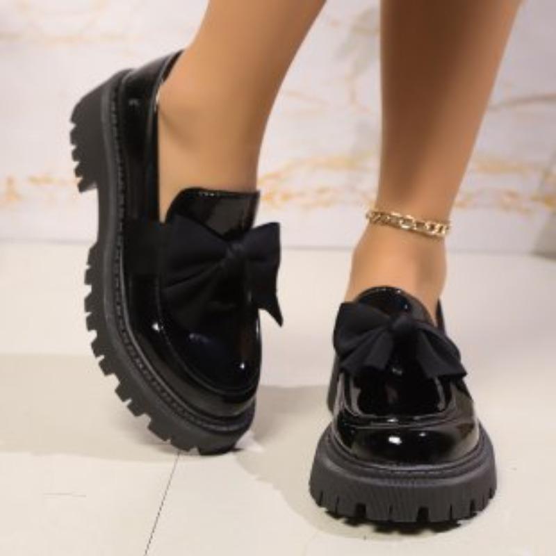 Women's Black Slip-On Loafers With Bow Detail, Thick-Soled Retro Casual Shoes.
