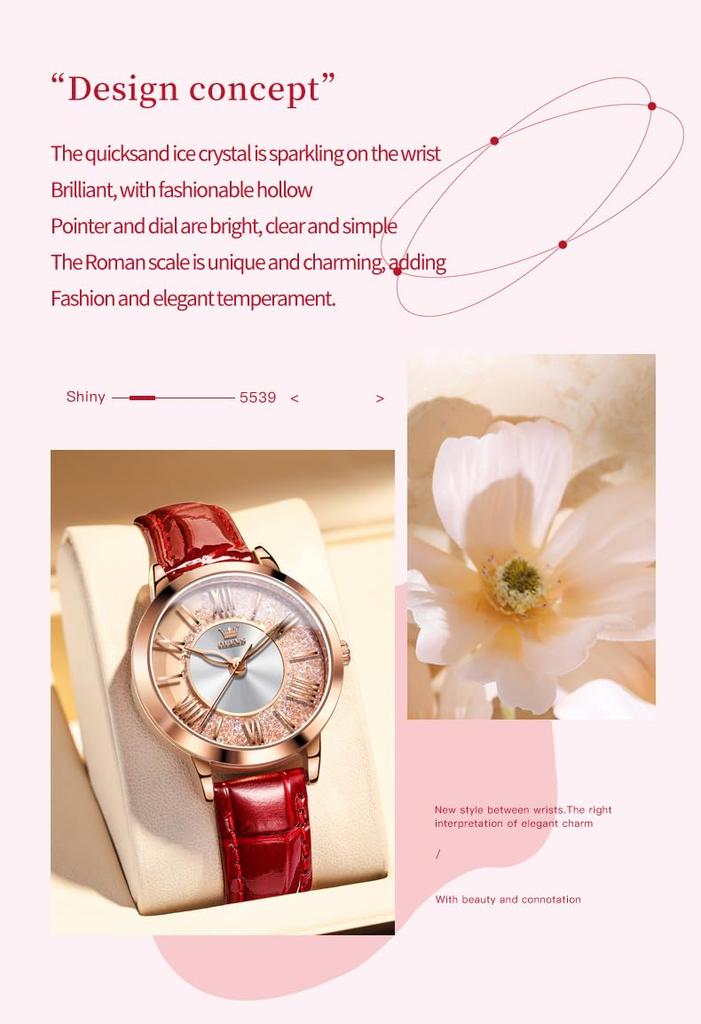 OLEVS Women's Watch Set - Easy-to-Read Bracelet Watch - Premium Stainless Steel - Calendar, 3 ATM Water Resistance, Luminous Gold/Silver (Red)