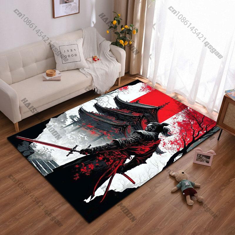 Samurai warrior and Japanese temple carpet Yoga living room room decor children's crawling mat doormat area rug games mat