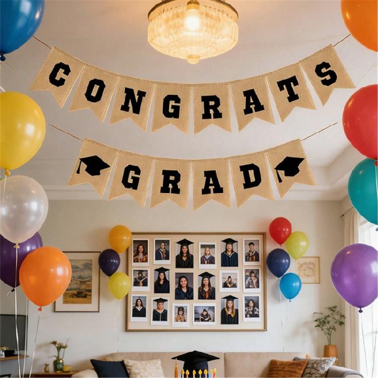 Stylish Graduation Themed Banners Hanging Ornament Linen Fabric Bunting For Party Backdrops Indoor and Outdoor Use