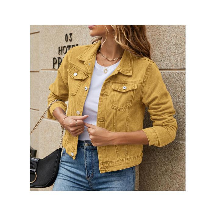 

Женские джинсовые куртки, модная женская повседневная джинсовая куртка с длинными рукавами и лацканами, однотонное пальто на пуговицах и нагрудном кармане, осенне-зимнее пальто XXL жёлтый