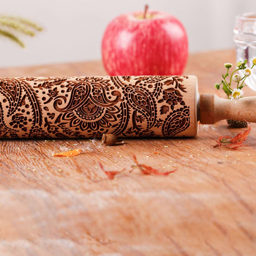 1 Pcs Wooden Sunflower Embossed Rolling Pin with Pattern for Kitchen Pastry Baking Tools Deep Engraving Cookies Stamp Tool