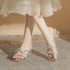 New Square Head Open-toed Middle Heel Fairy Style Temperament with Rhinestone Bow Crystal Heel Cool Slippers Female Muller Shoes