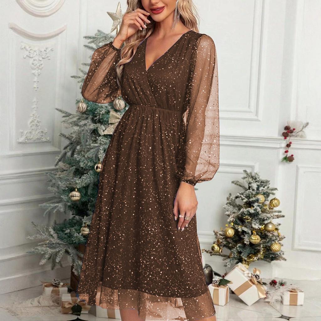 Women's V,Neck Mesh Long Sleeve Stylish Sexy Dress