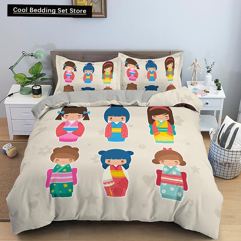 Bettbezug mit japanischer Puppe, bedruckt, King-Queen-Bett, Cartoon-Glückskatze, Bettwäscheset für Kinder und Mädchen, Fan, weiß, 2/3-teilig, Polyester-Bettbezug