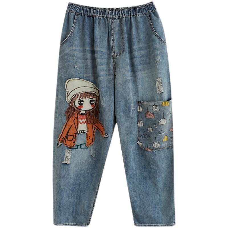 Calça jeans bordada para meninas, desenho animado, para mulheres, buraco na moda, casual, cintura alta, bolsos, mãe, harém, jeans azul