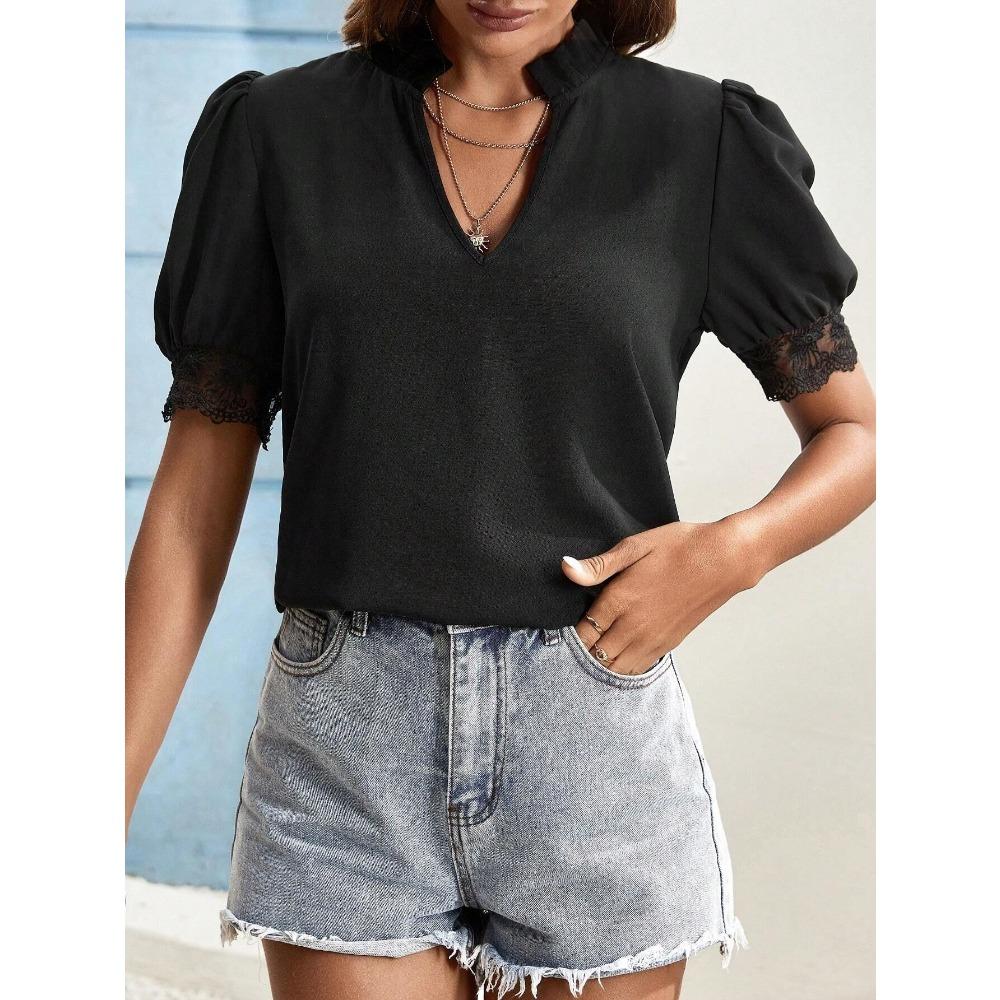 Women's Short-sleeved Tops Summer New Fashion T-shirt Versatile V-neck Shirt Lantern Sleeve Splicing Lace Blouse