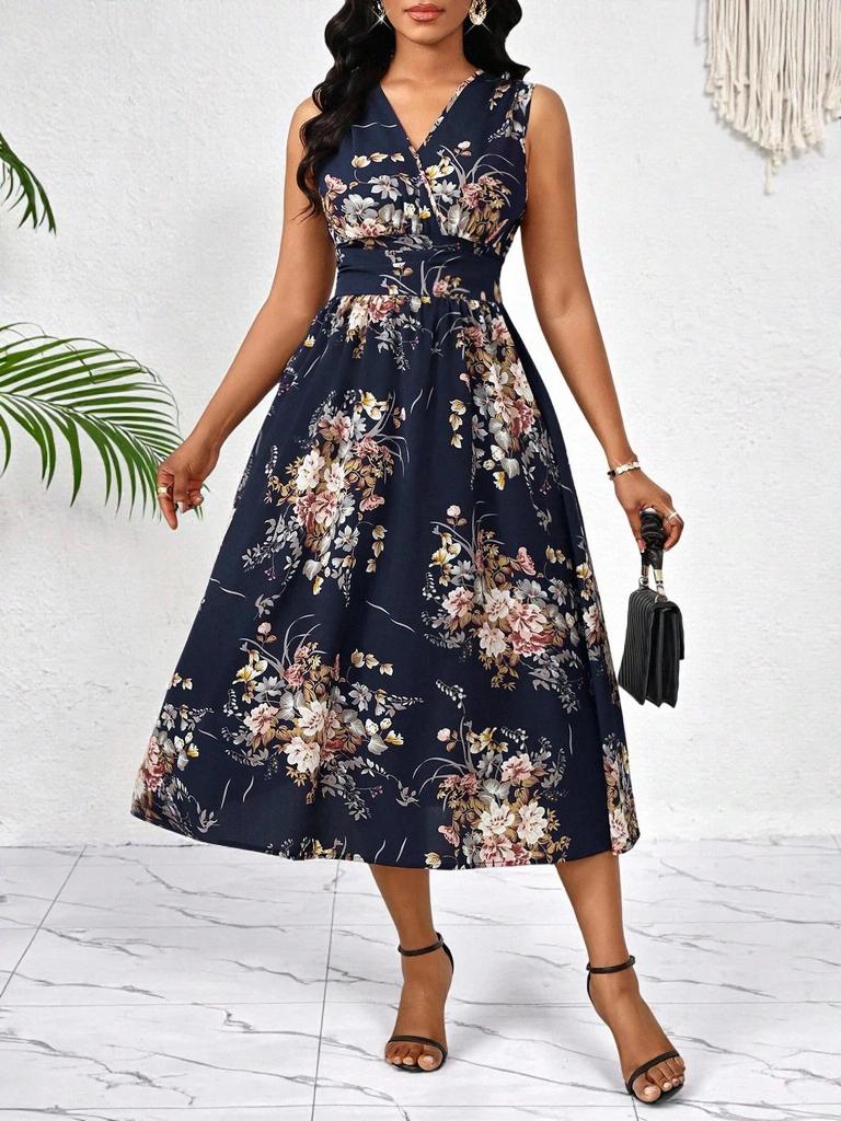 European & American Women's Plus Size Floral Sleeveless V-Neck Midi Dress