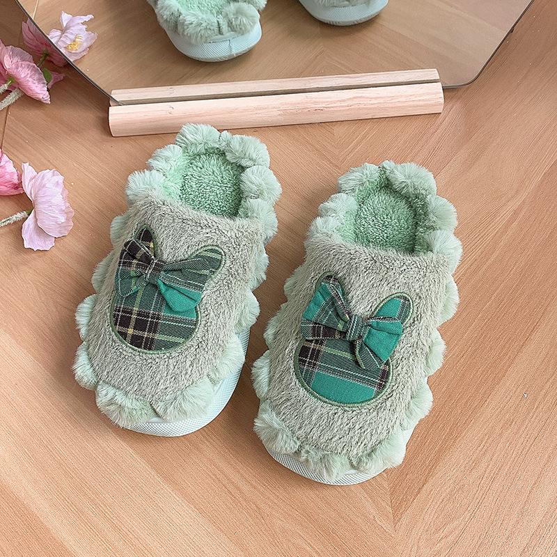 2025 new autumn and winter plush bow cotton slippers women's plush thickened non-slip warm can be worn outside women's cotton mop
