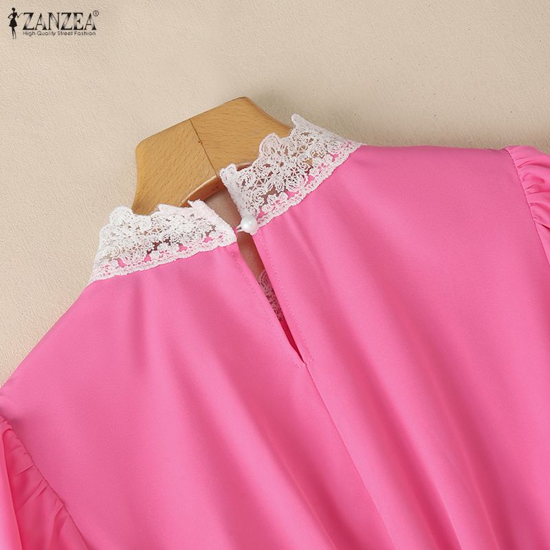 ZANZEA Women Lace Splice Stand Collar Casual Long Sleeve Blouse