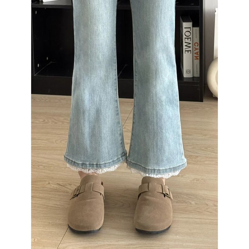 Blue Lace Nine-Point Jeans for Women, New Spring and Summer Style, Plus Size, Flattering for Pear-Shaped Body, Stretchy Straight-Leg Flared Pants