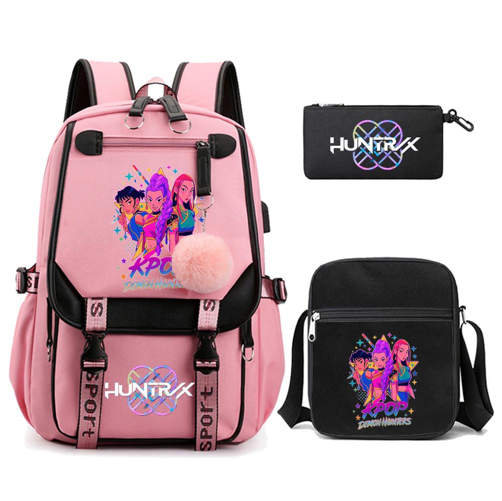 3Pcs/set Anime Kpop Demon Hunters Printed Backpack with Shoulder Bag Pencil Case for Teenager Girl Boy Bookbag Large Capacity Travel Bag Kid Gift