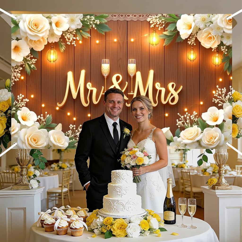 Mr & Mrs Wedding Backdrop Banner Party Decorations Engaged Banner Photo Booth Props Wedding Shower Party Decoration for Reception Bridal Shower