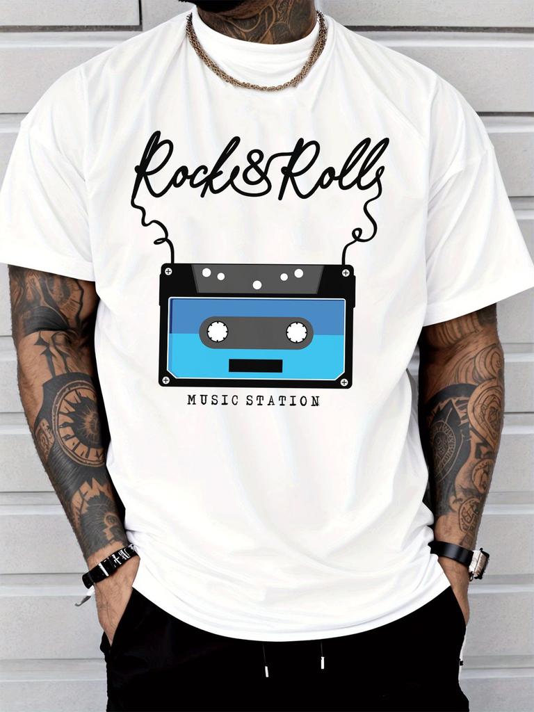 Unisex White Tee Retro Cassette Tape Music Graphic Print Short Sleeve Loose Casual Top For Adult Male Daily Street Wear Outfit