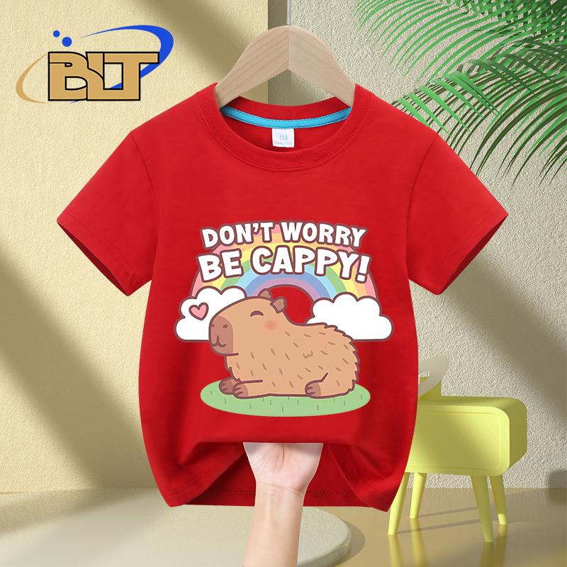Cute Capybara And Rainbow Dont Worry Be Cappy kidsTshirt summer pure cotton shortsleeved casual top for boys and girls