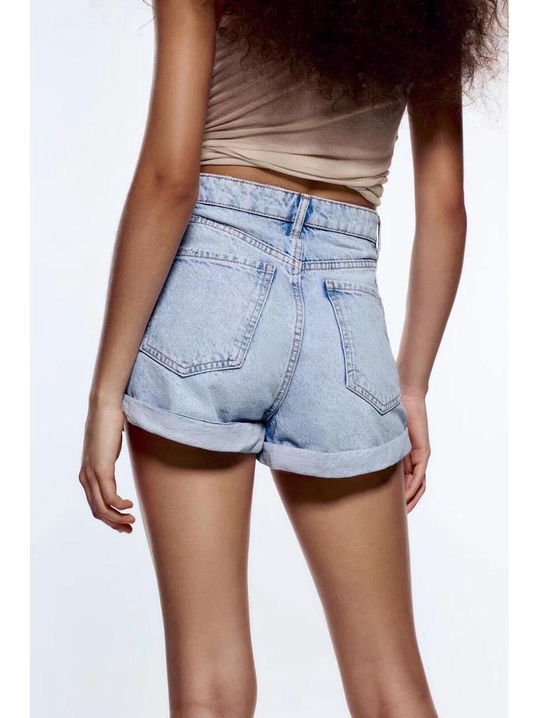 High-Waisted French Style Rolled Hem Denim Shorts