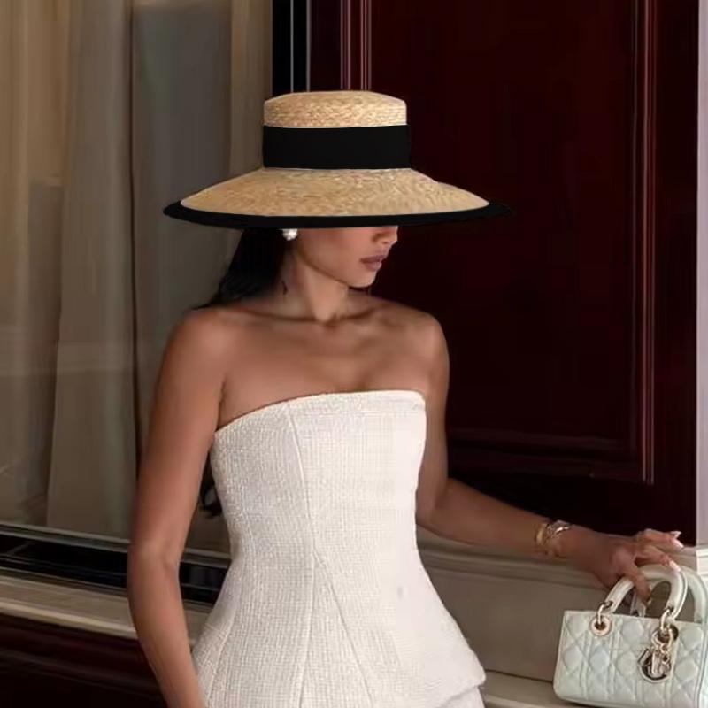 Cappello estivo di paglia stile Hepburn cappello a tesa larga elegante francese da donna cappello da sole per viaggi al mare sombrero