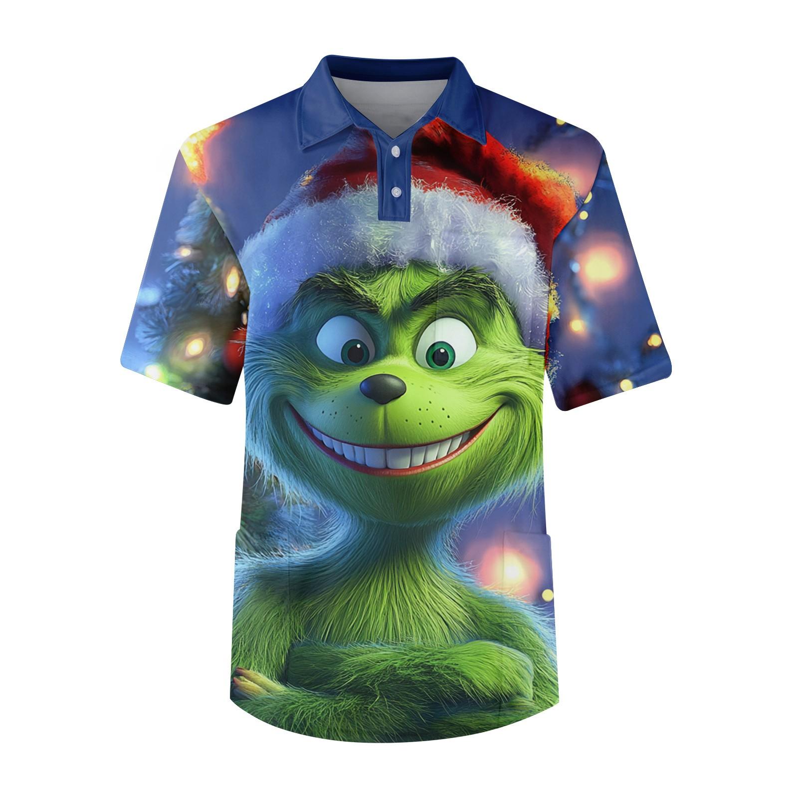 

Мужской топ с коротким рукавом, пуговицами, лацканами, рождественским принтом, нагрудным карманом, Dry-nurse L синий