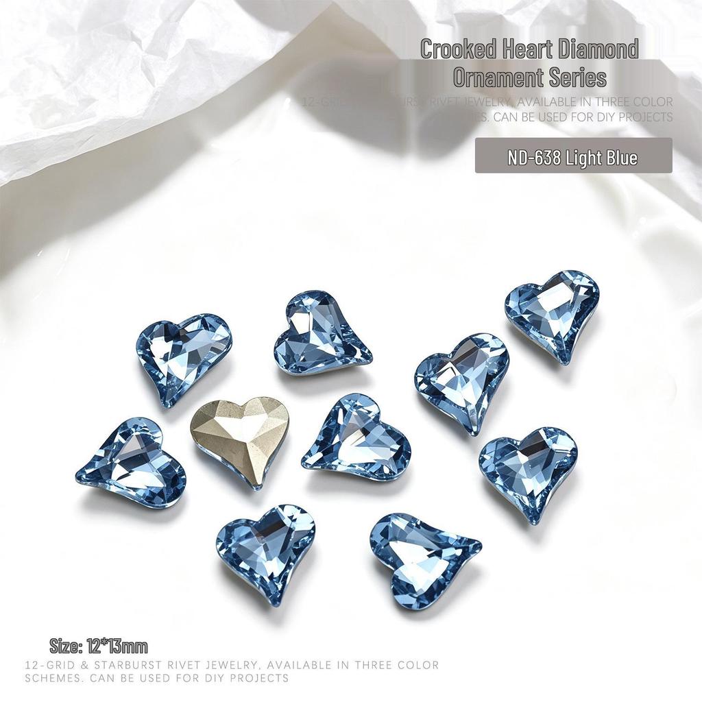 "10-Piece Heart-Shaped Nail Art Accessories with Pointed Bottom Transparent and Colorful Diamonds"