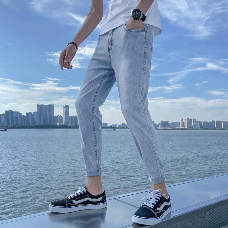 

Трендовый бренд INS Мужские джинсы Корейский стиль Трендовый светлый цвет Зауженный крой Скинни Стрейч Интернет-знаменитость Универсальные Брюки-девятиточки Повседневные 36 синий