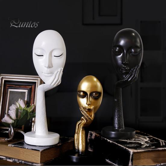 Stable Base Decoration Abstract Contemplative Face Resin Sculpture, Minimalist Hand-on-Chin Bust Statue for Desk Living Brushed Black Ornament