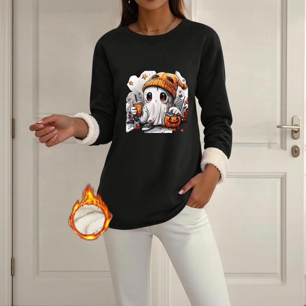 Women's Lined Long Sleeve Neck Halloween Print Top