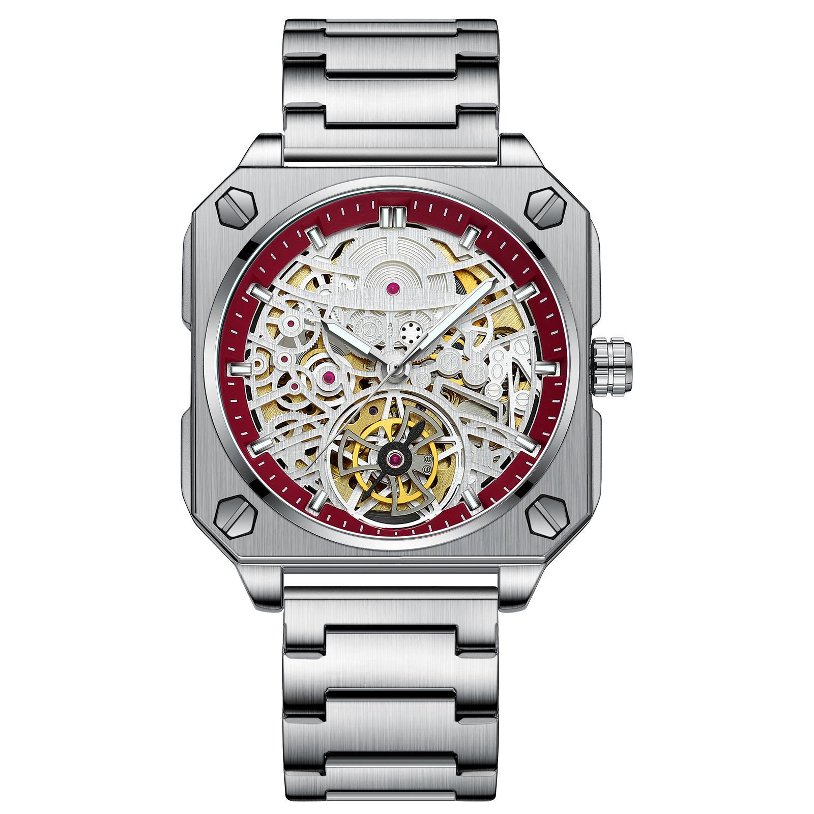 

Новий діловий найкращий бренд класу люкс Квадратний годинник Чоловічий автоматичний механічний годинник із турбійоном з нержавіючої сталі, порожнистий водонепроникний спортивний наручний годинник червоний