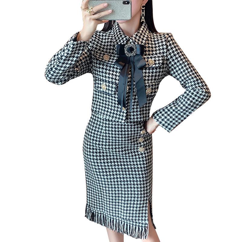 2021 Spring Houndstooth Skirt Suit: Chic Xiaoxiang Celebrity Style, Slim Fit for Women