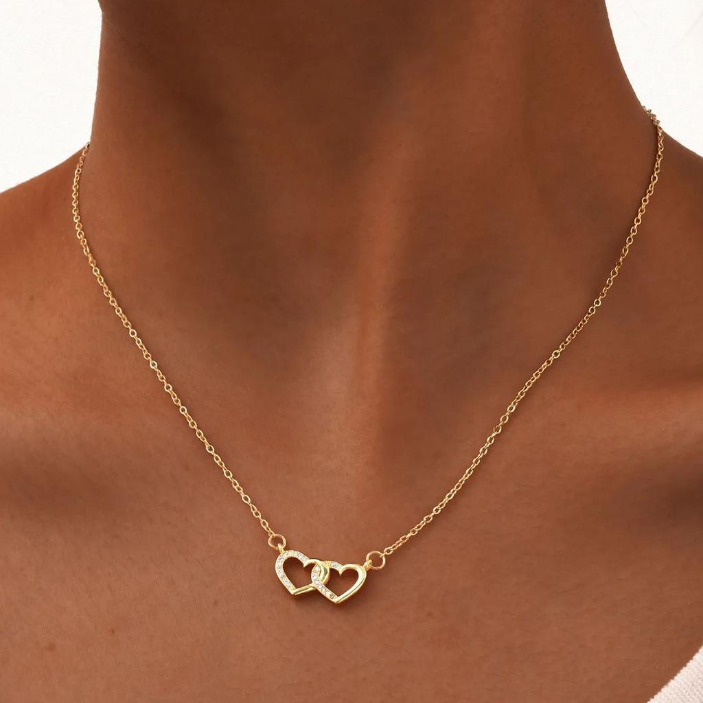 Exquisites Zirkon Doppelherz Halskette für Damen, Flache Rolo Kette Edelstahl Halsketten, Mode Wasserdichte Schmuck Geschenke