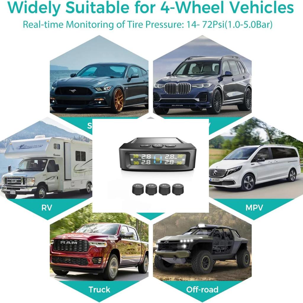 Car Detector 4 Sensors Tpms Tire Pressure Monitoring System Auto Security Detector Pressure Waterproof Tire Pressure Temperatur